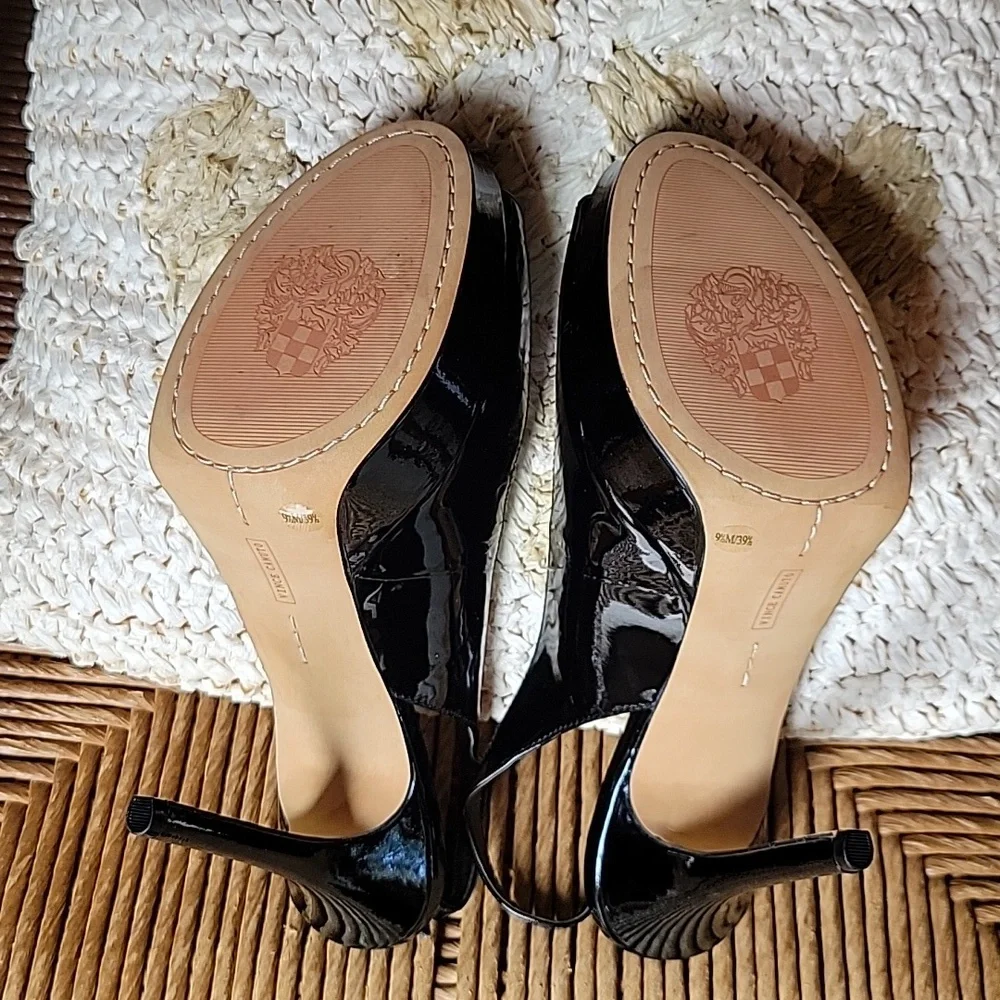 Vince Camuto Lavina black patent leather, platform, stilleto, peep toe heels 9.5